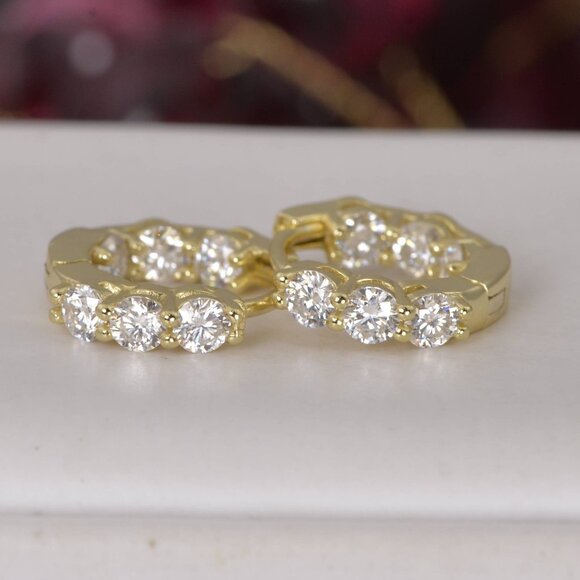Certified All Moissanite Inside Out Huggies Hoop Earrings 925 Sterling NWT YG - Picture 2 of 4
